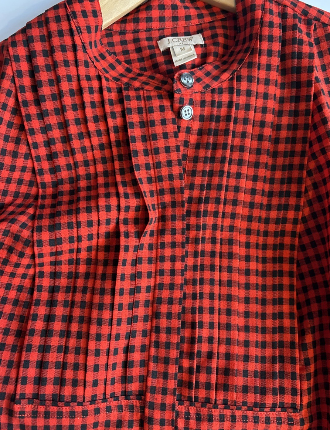 J.CREW Womens Medium Red Black Buffalo Plaid Check Front Placket Long Sleeve Top