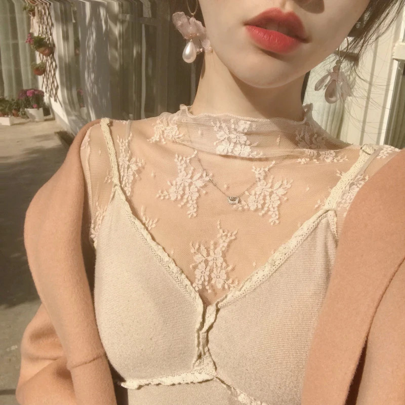 Sexy Women Mesh T-Shirts Transparent Lace Blouse Long Sleeve See Through Tops