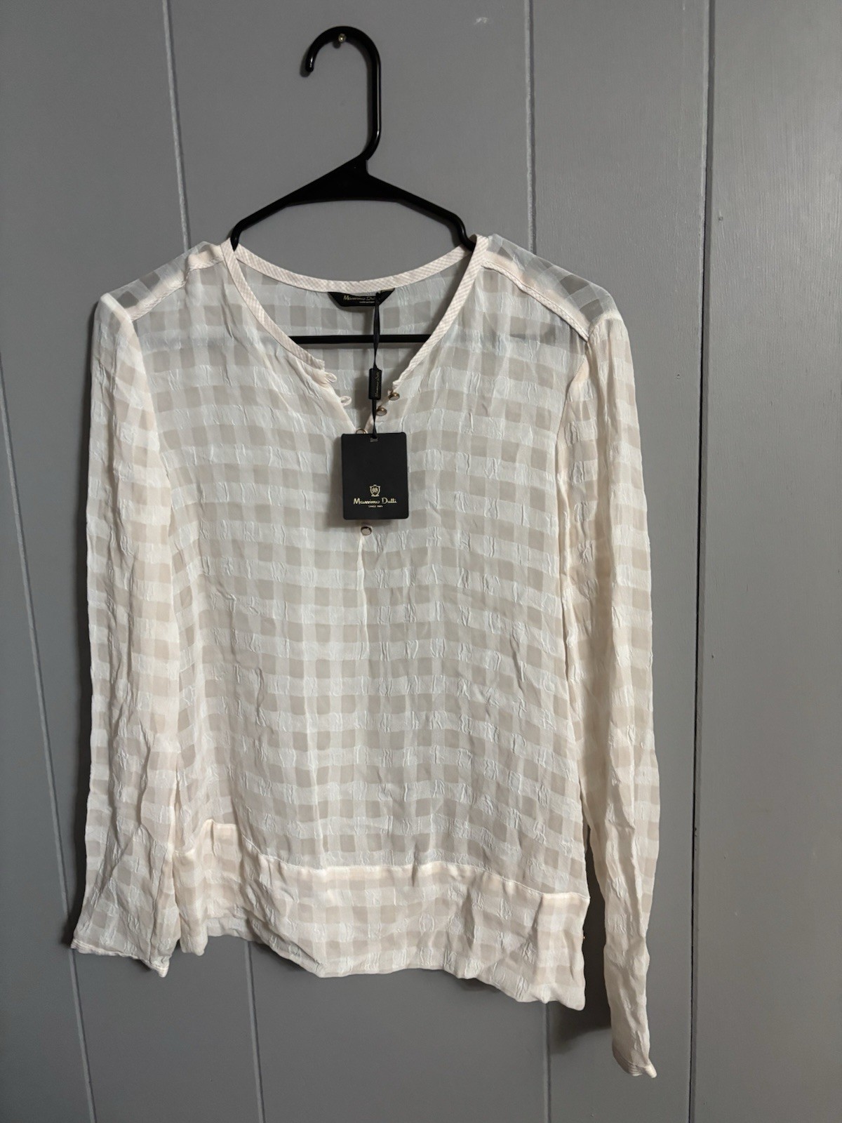 Massimo Dutti Women’s White/Beige Check V-Neck Long Sleeve Blouse Size 4