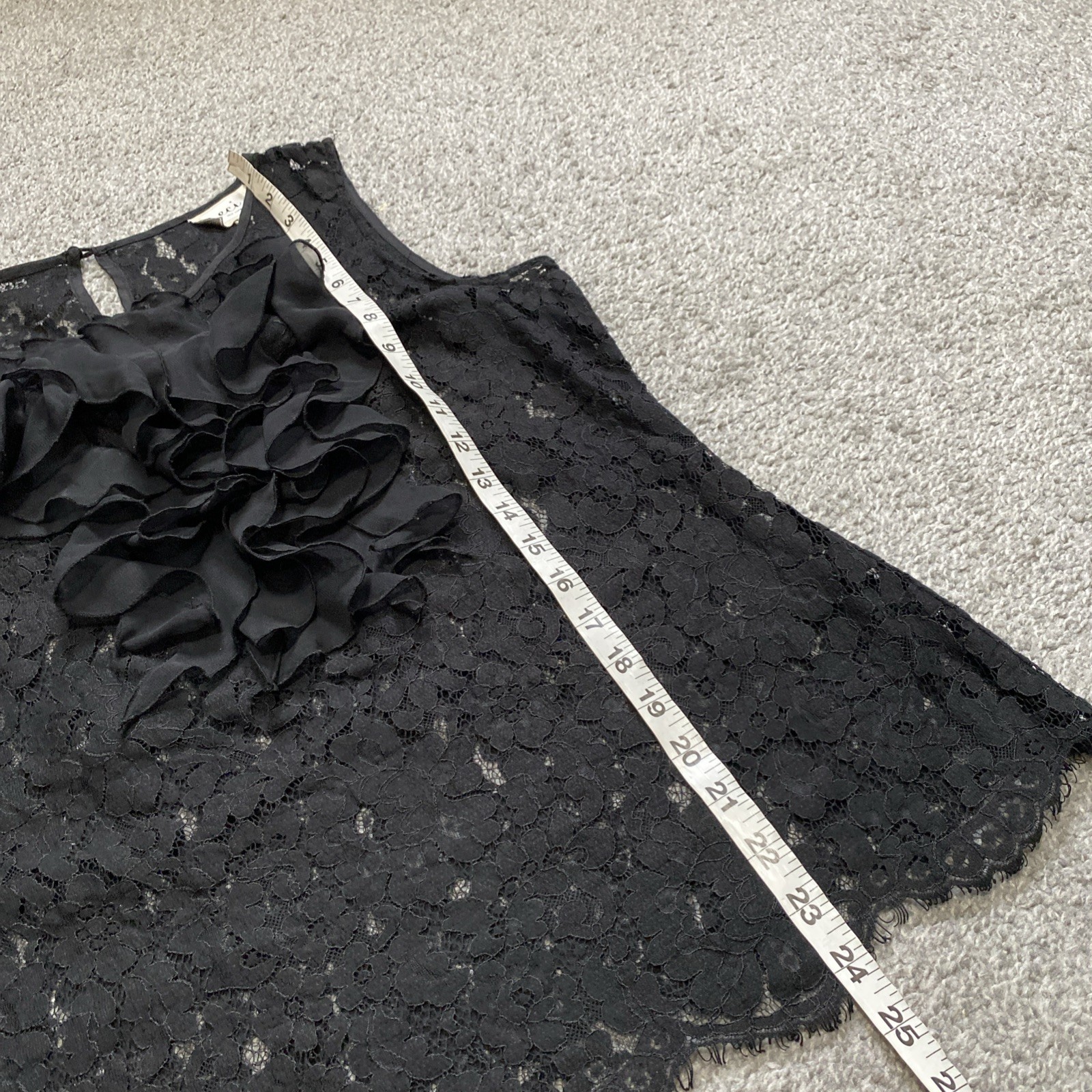 ECI NY Sheer Floral Black Lace Top Sz M 10 Sleeveless Ruffle Victorian Romantic