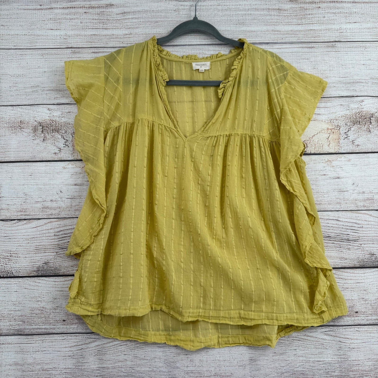 World Market Blouse Womens L/XL Yellow Ruffle Cap Sleeve Dobby Stripe Boho Top