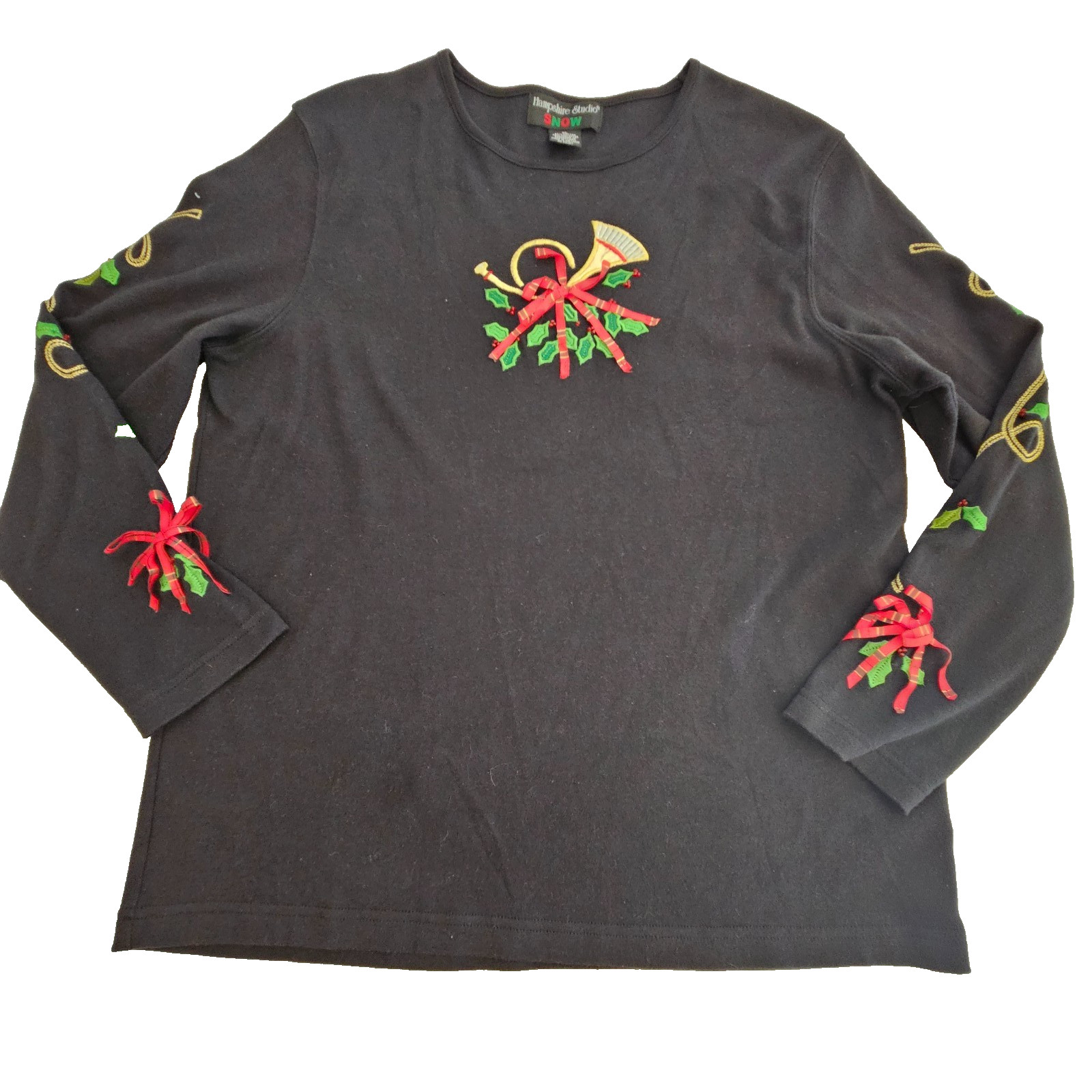 Hampshire Studio Snow Christmas Top Women XL Black Long Sleeve French Horn Holly