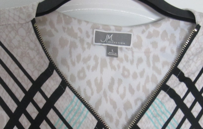 NEW JM Collection Women’s Large Top Blouse Tunic Front Zipper Teal Black White