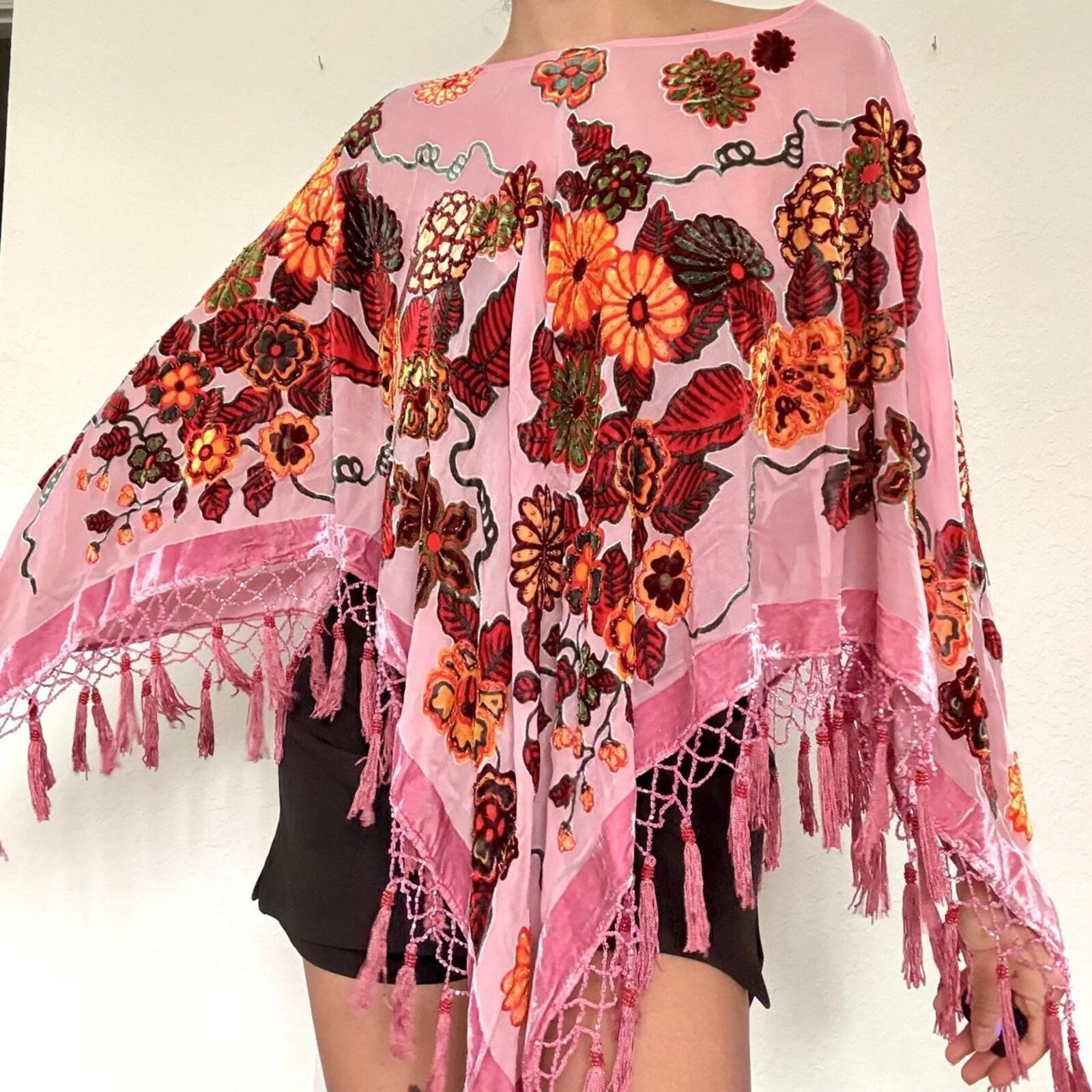 Insane pink silk floral burnout beaded fringe poncho top