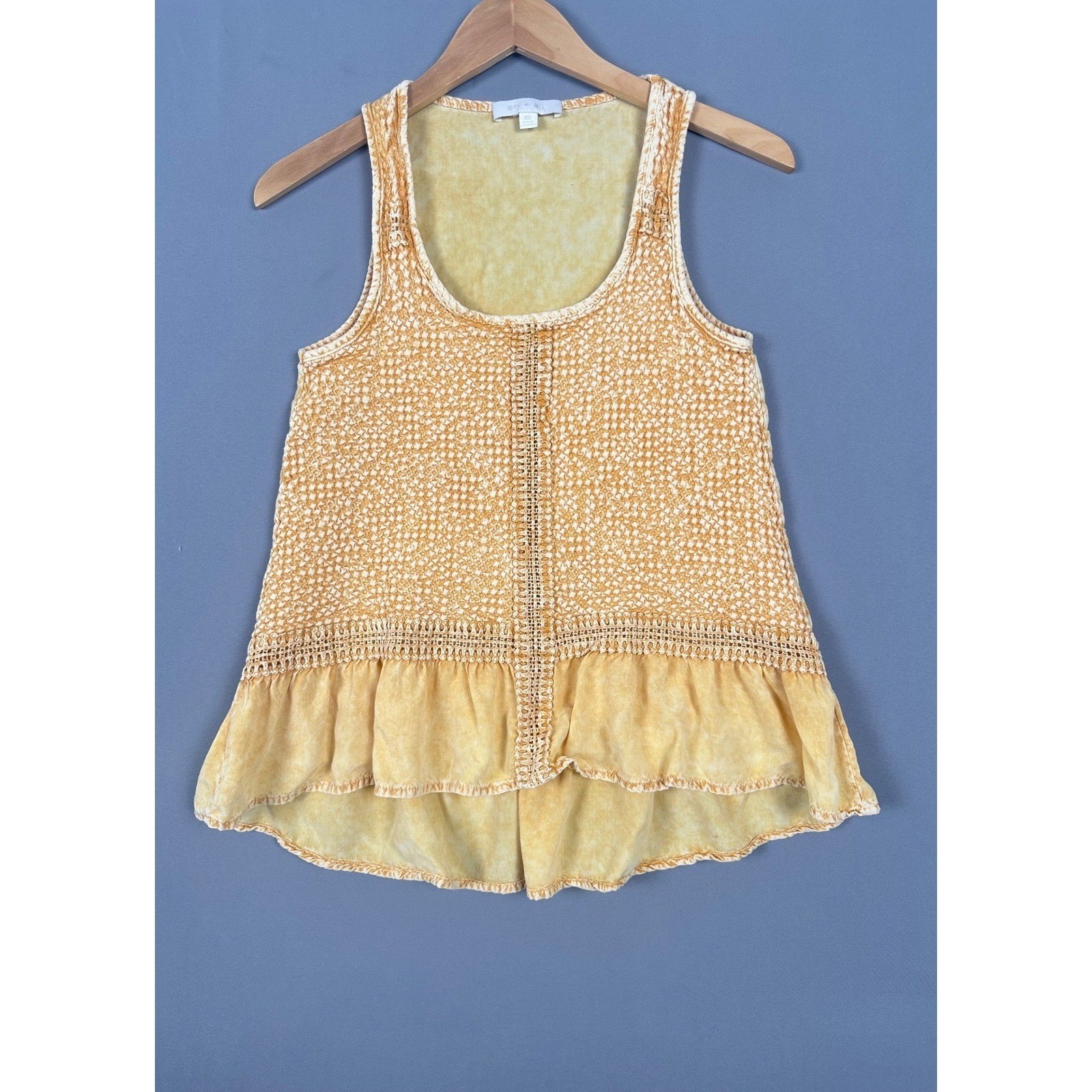 Eri + Ali Anthropologie Yellow Acid Wash Crochet Lace Peplum Tank Top XS