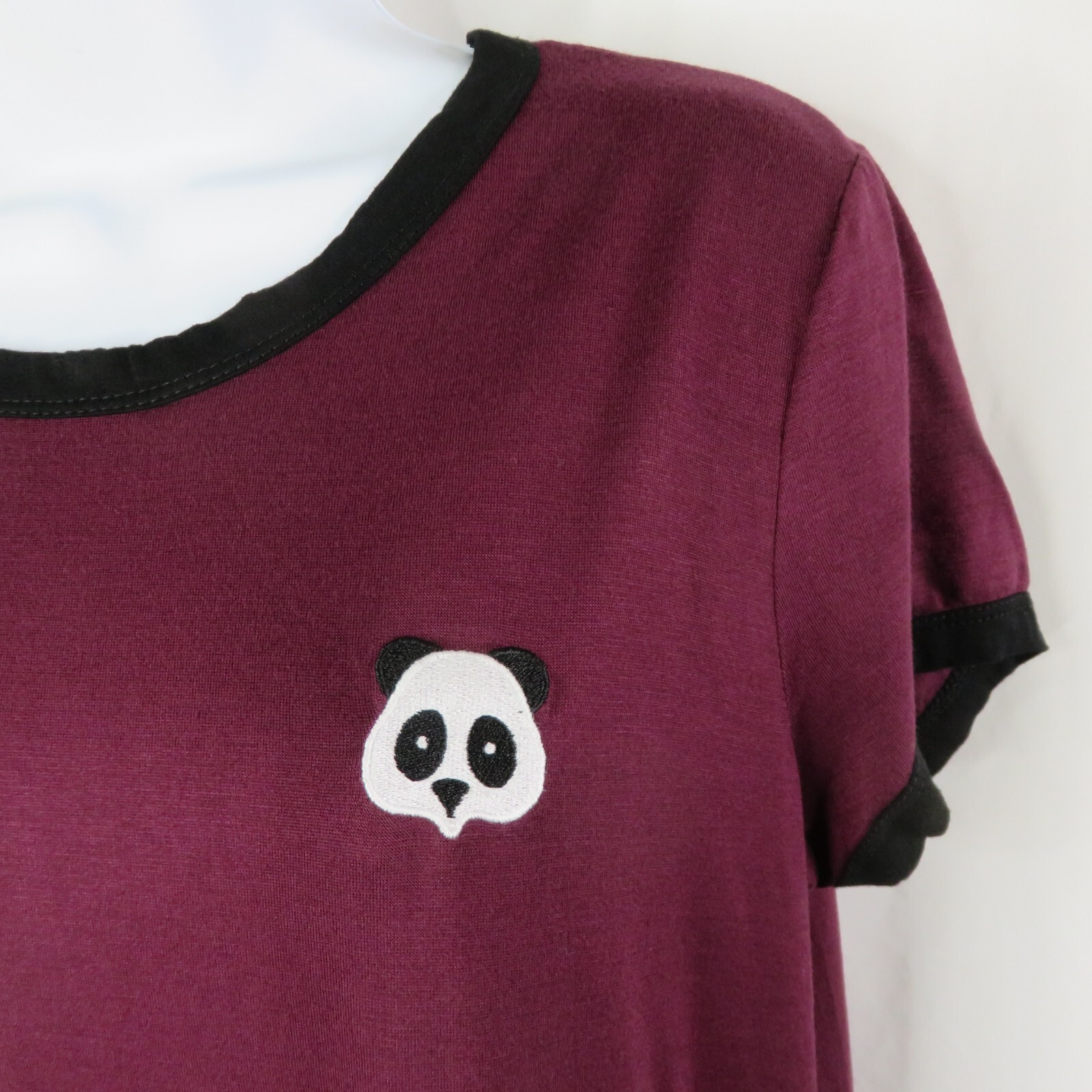 French Pastry Panda T-Shirt Size XL Embroidered Burgundy Ringer Tee Shirt SS