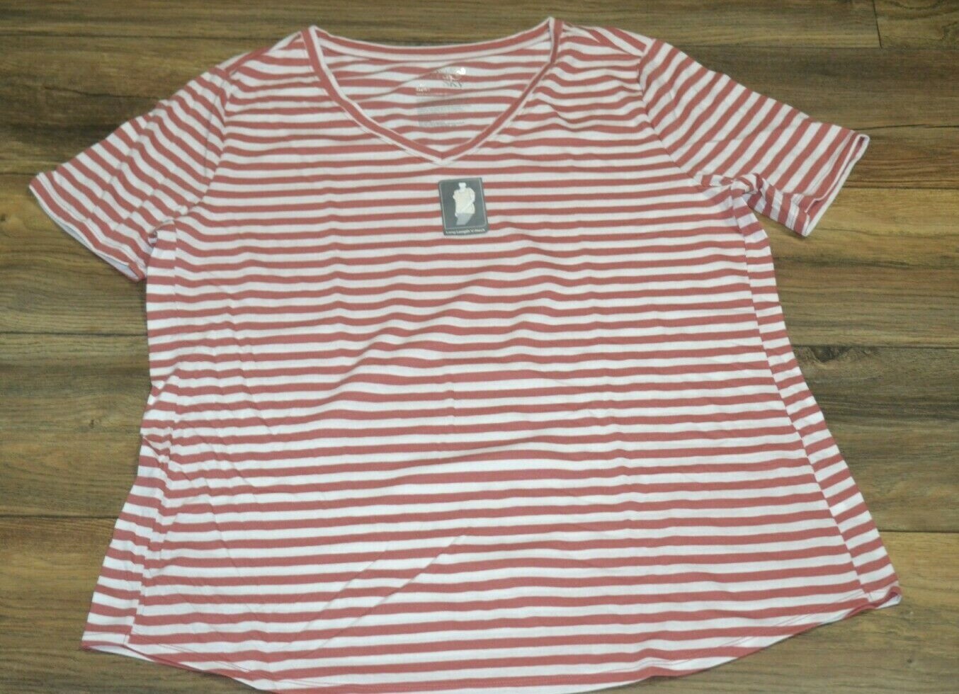 Terra & Sky Plus Size Short Sleeve Tee Long Length V Neck Striped T-Shirt Org Wt