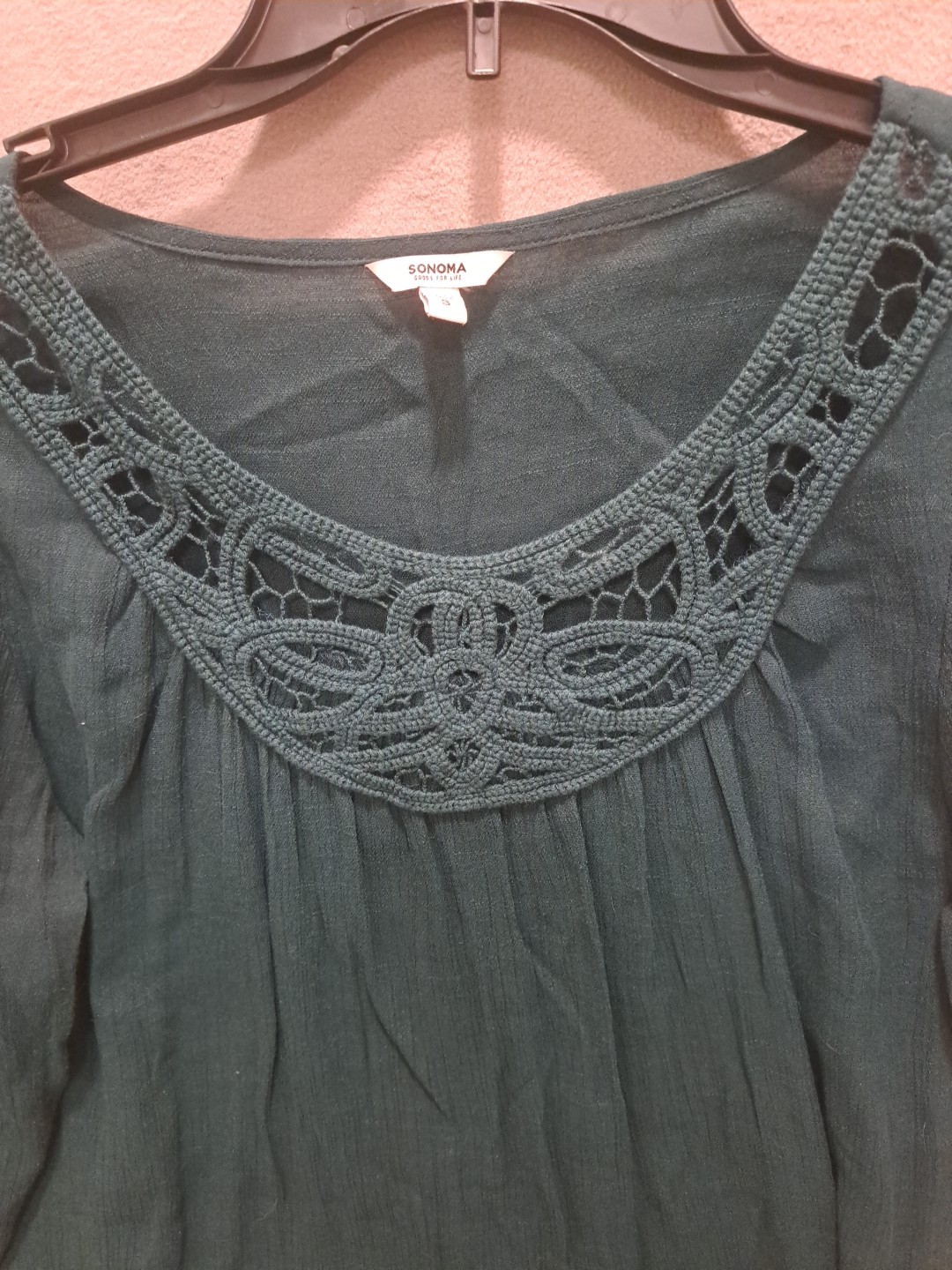 Sonoma Top Womens Size Small Jade Green Knit Long Sleeve Cutwork Embroidery