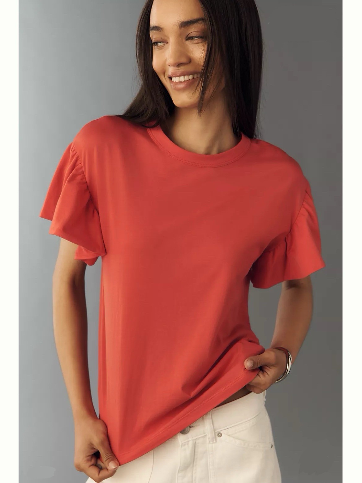 NWT Nation Los Angeles Camille Flutter-Sleeve Tee In Light Red MSRP $128 Sz XS