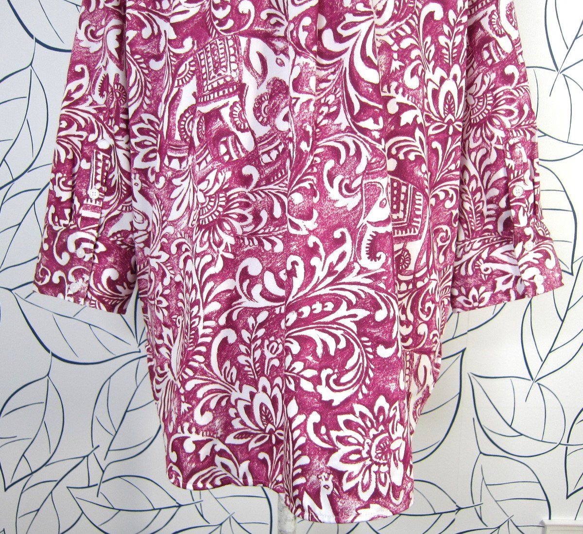 Soft Surroundings Easy Care Stretch Woven 3/4 Sleeve Big Shirt Berry Floral Sz L