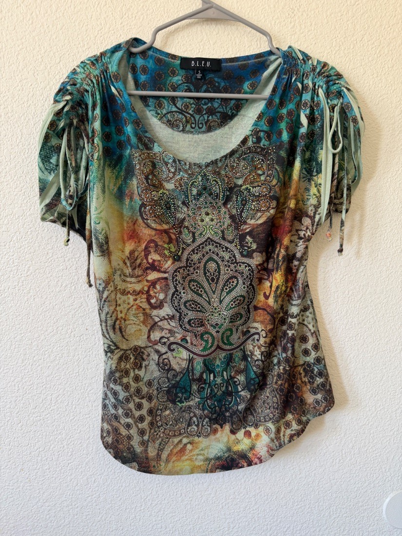 BLEU Womens Boho Paisley Print Embellished Ruched Sleeve Blouse Top Small
