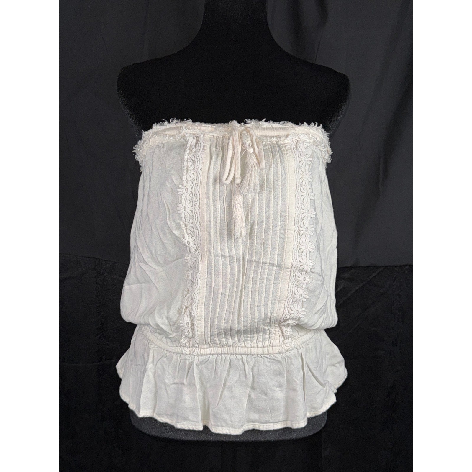 Boho Cream Lace Trim Strapless Tube Top Pintuck Peplum Tassel Drawstring Smocked