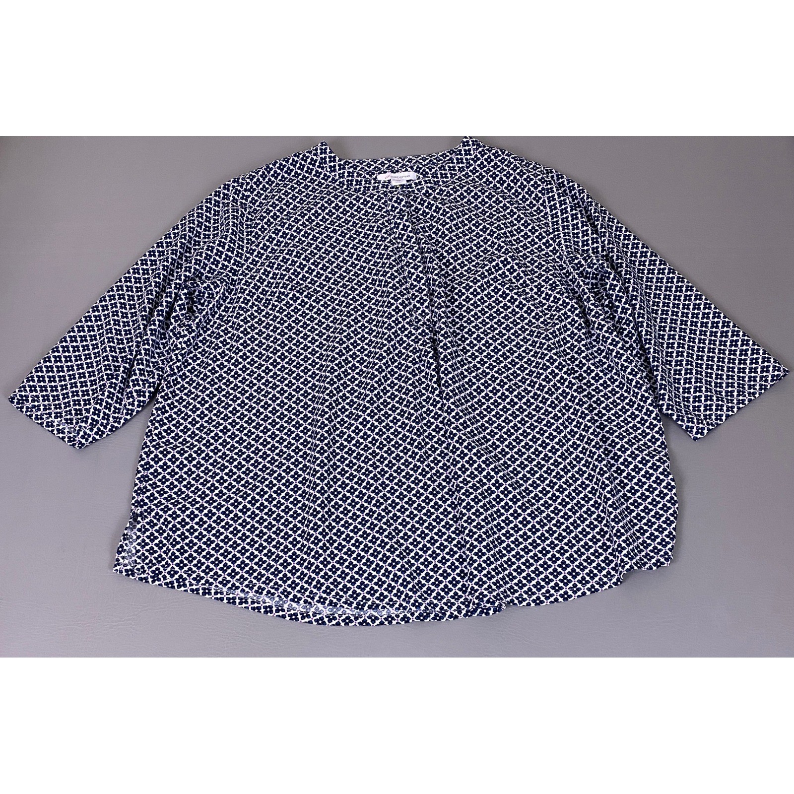 Liz Claiborne Tunic Blouse Top Women’s 2X Navy Blue Geometric 3/4 Sleeve Rayon