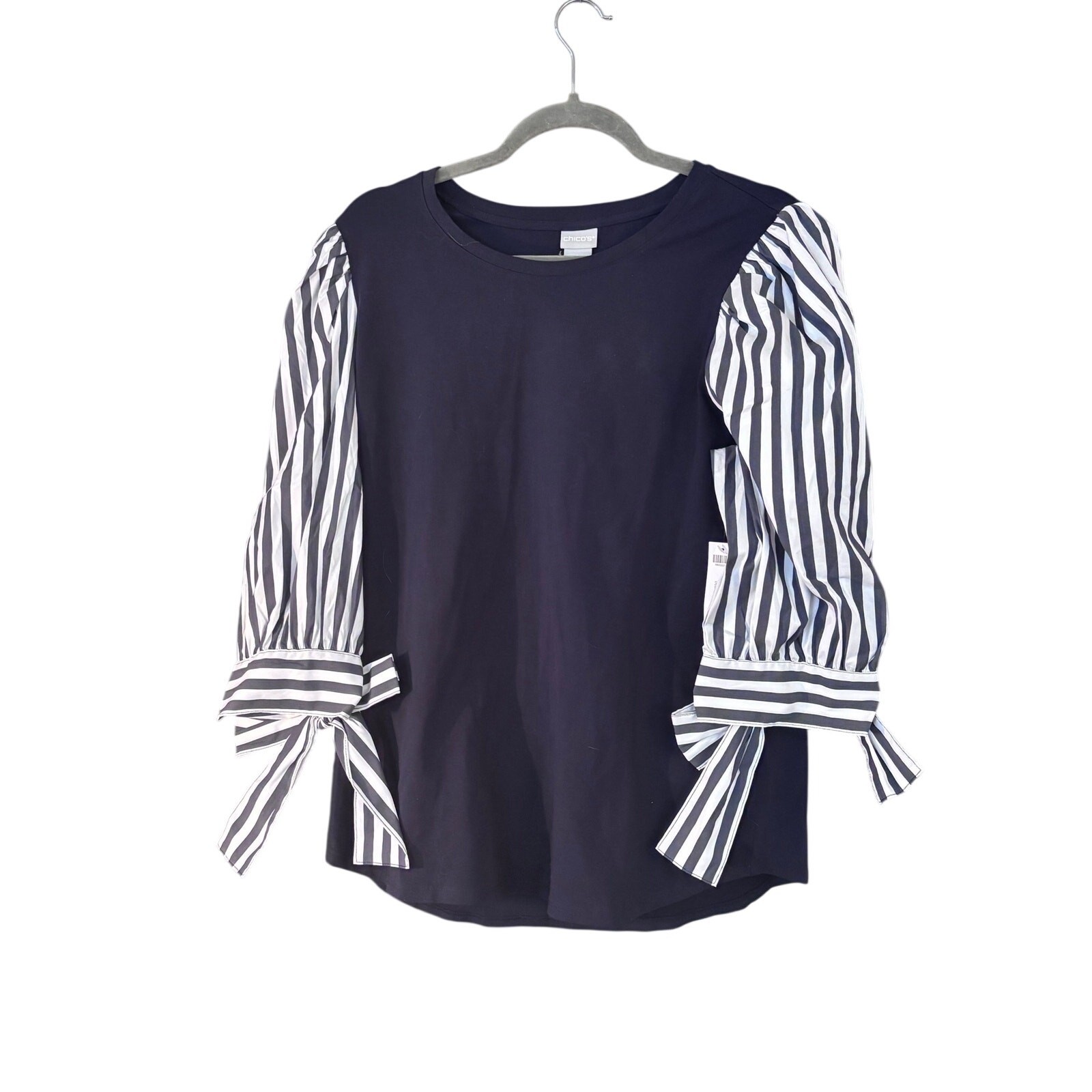 Chicos Mixed Fabric Blouse Top Striped Puff Sleeve With Large Bow 22 Cuff Preppy