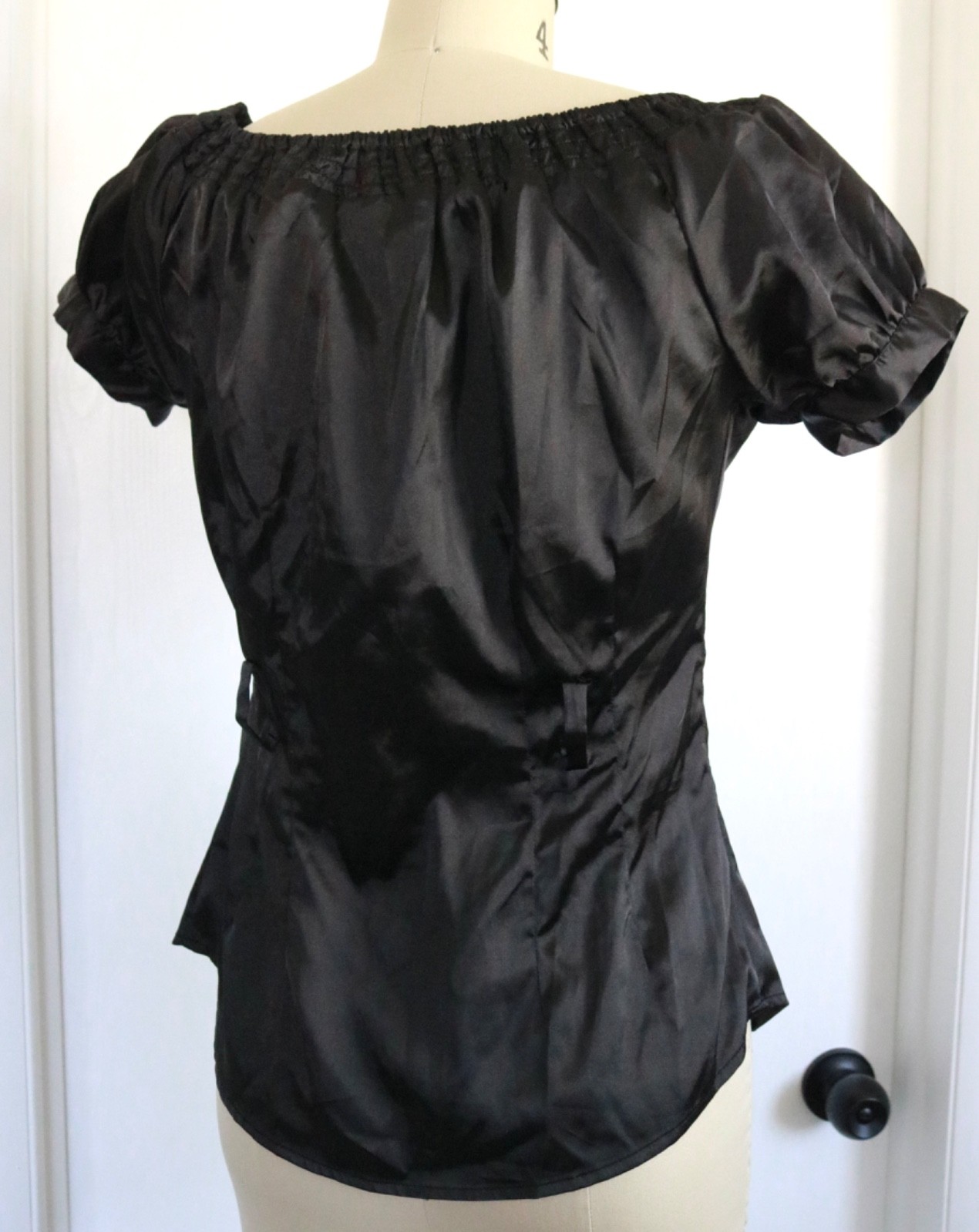 Vtg Y2K Satin Button Up S Small Blouse Black Off Shoulder Gothic 2000s Glam