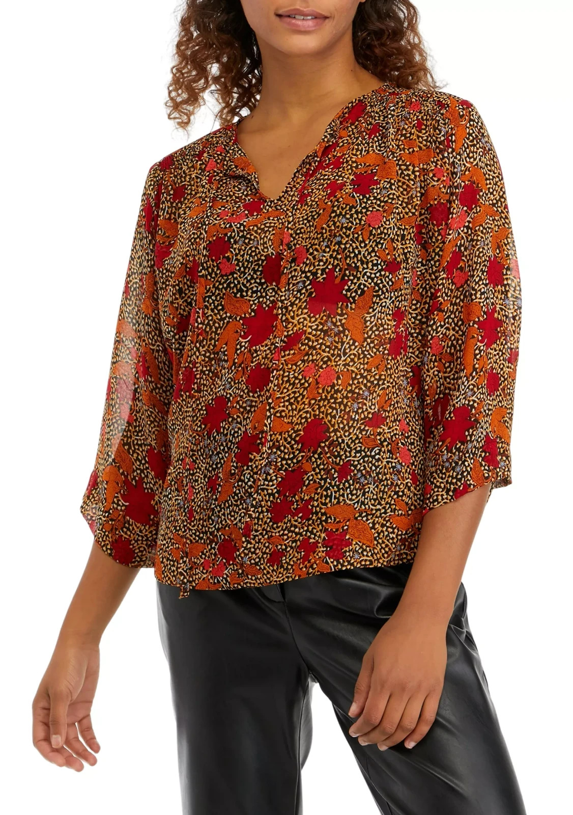 Truth by Republic Women’s 3/4 Flare Sleeve Woven Floral Blouse Tie Neck Size L