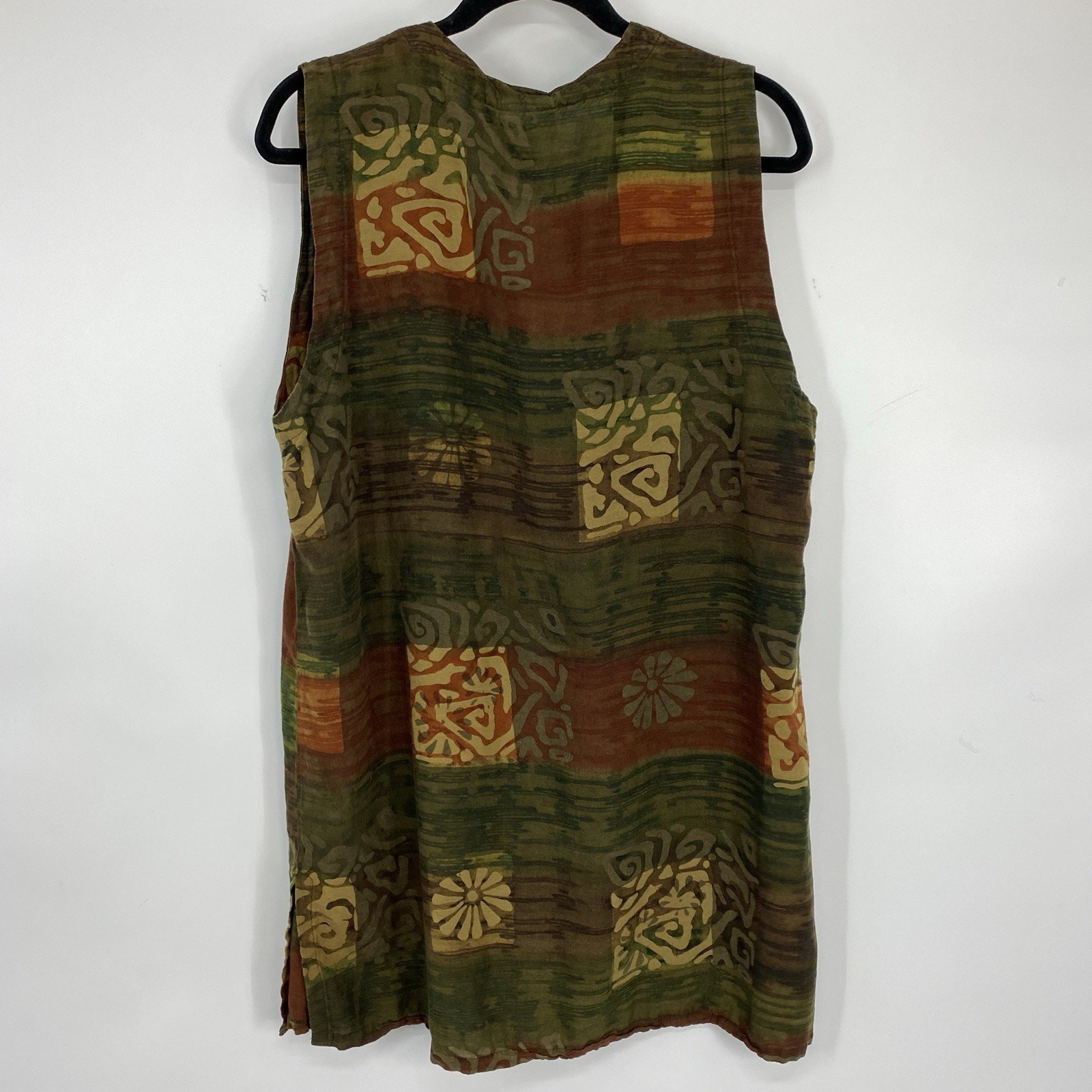 Wind River Boho Sleeveless Duster size Large Batik Floral Linen Blend Button Up
