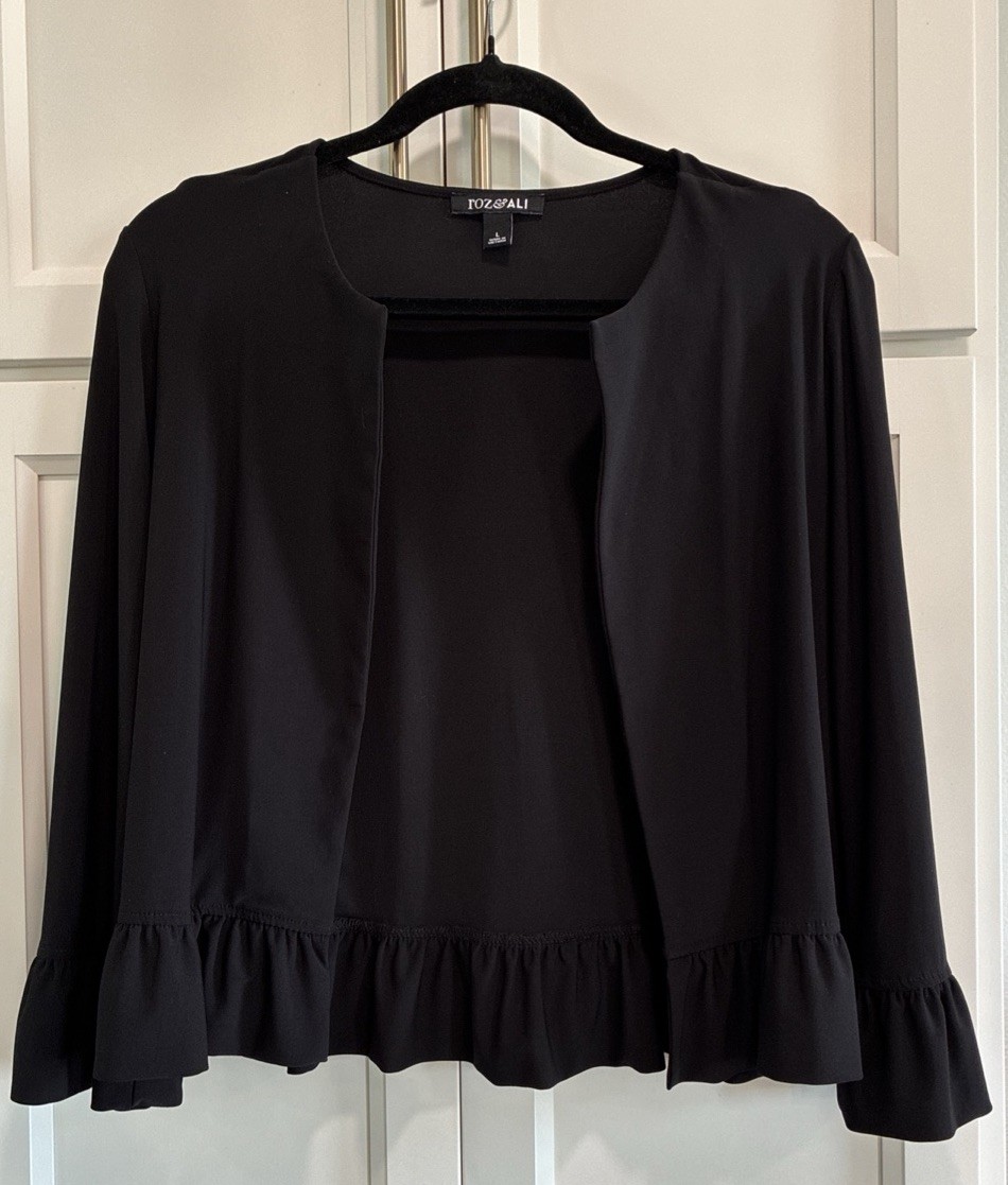 WOMEN’S BLACK ROZ & ALI OPEN FRONT JACKET CARDIGAN RUFFLE DETAIL SIZE L STRETCH