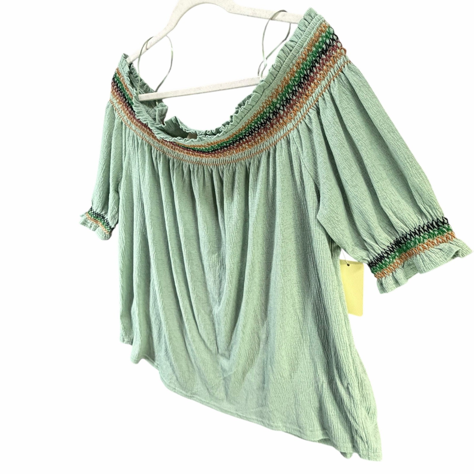 Flower & Feather Off Shoulder Top Women 3XL Light Green Embroidered Peasant Boho