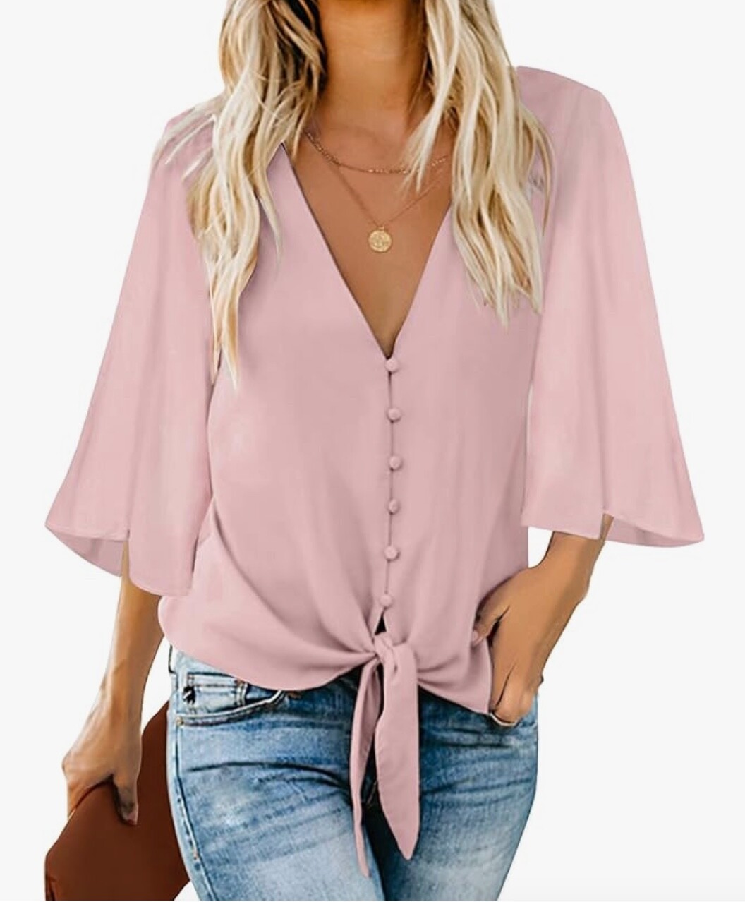 luvamia M Pink Casual V Neck Tops 3/4 Sleeve Tie Knot Blouses Solid Button Down