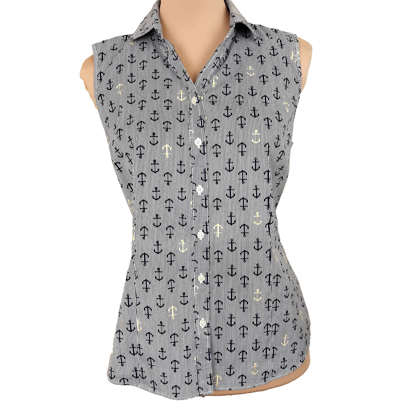 Charter Club Nautical Sleeveless Blouse Women’s 12P Tailored Fit Button-Up Blue