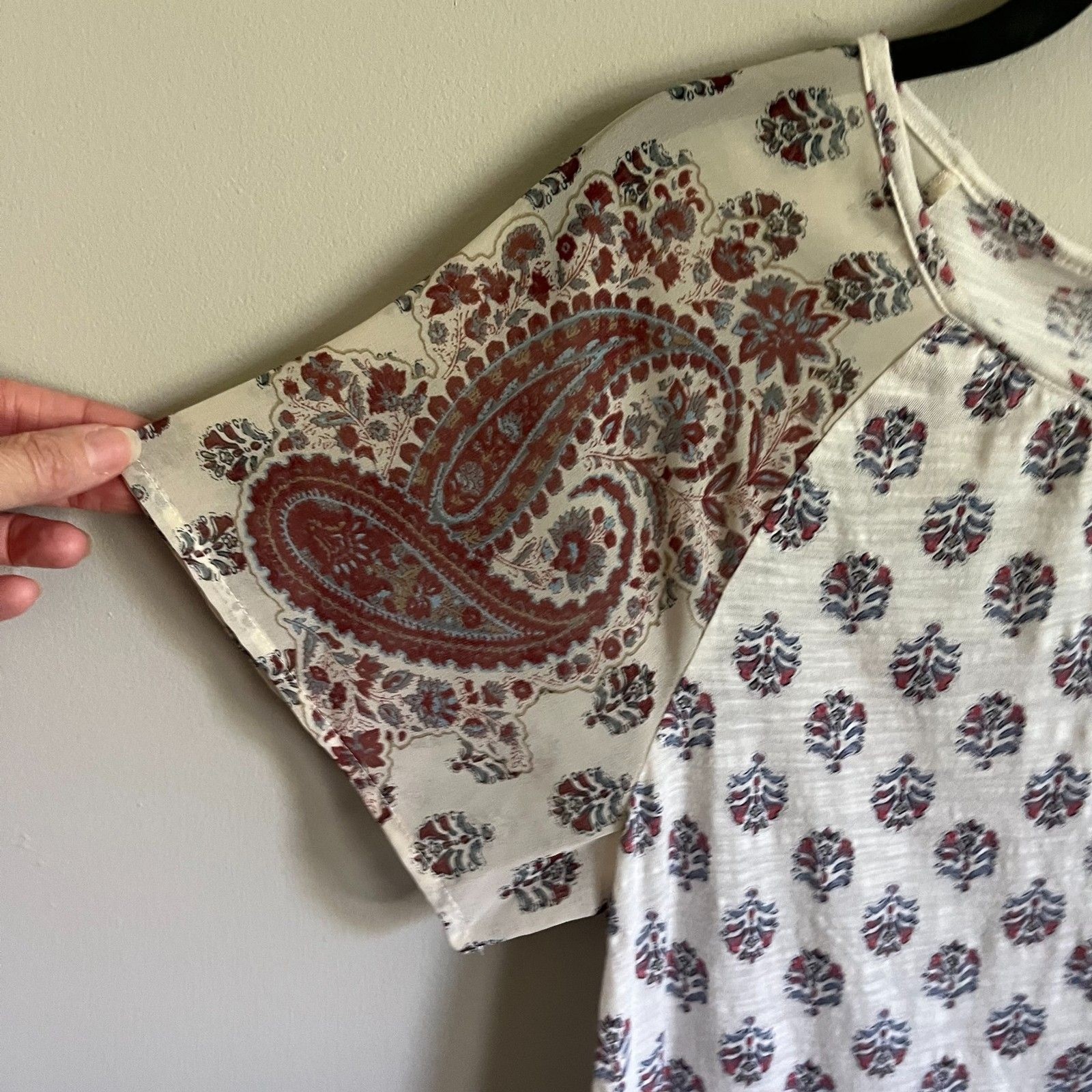 Lucky Brand Mixed Media Boho Peasant Top Blouse Floral M Sheer Sleeves