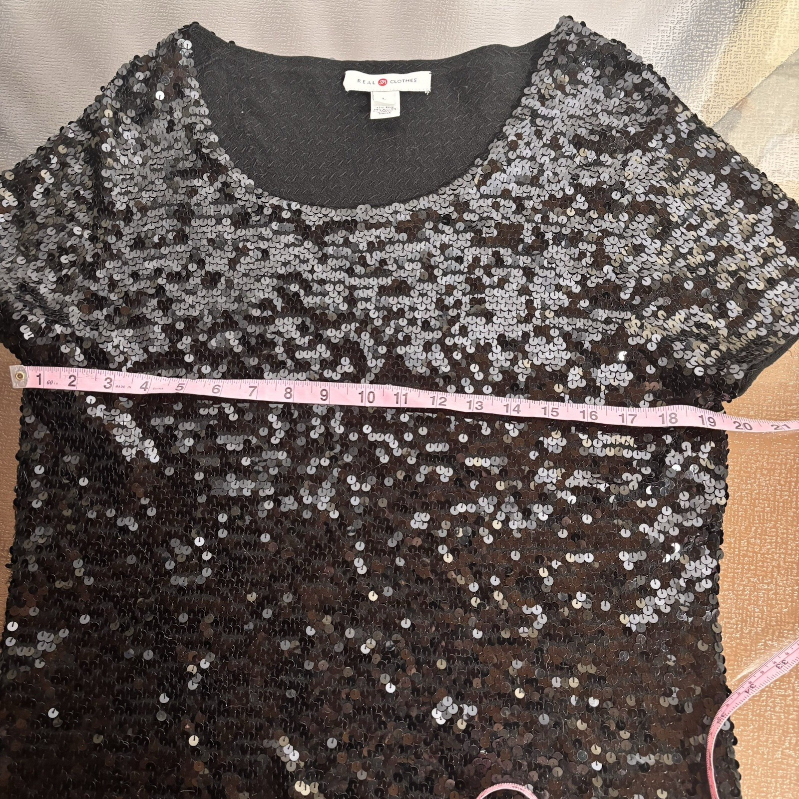 Silk Sequin Top Womens Large Going Out Blouse Evening Glam Cocktail Party Black