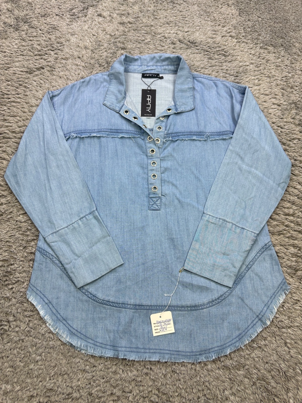 APNY Top Women Small Henley Long Sleeve Frayed Hemline Grommet Blouse Shirt NWT