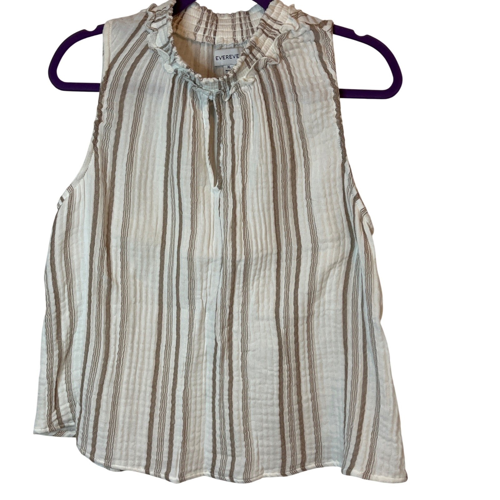 EVEREVE Striped Sleeveless Top White Brown Size XL 100% Cotton Neutral Boho Tank