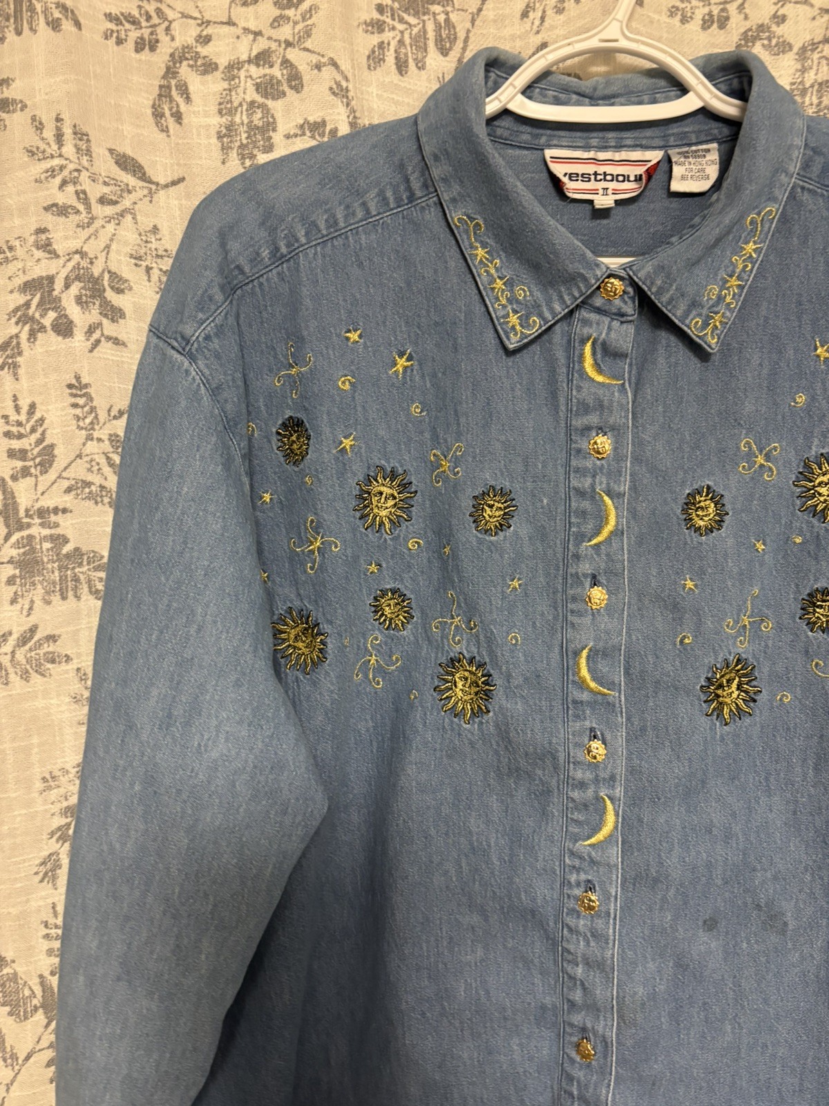 Vintage Westbound Embroidered Denim Shirt Sun and Moon Solar/Lunar Beaded 2XL