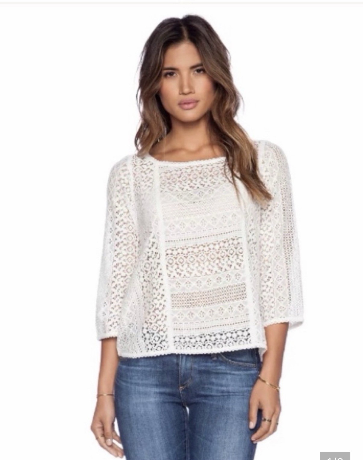 Joie White Sheer Lace Crochet Round Neck 3/4 Sleeve Blouse Top XS