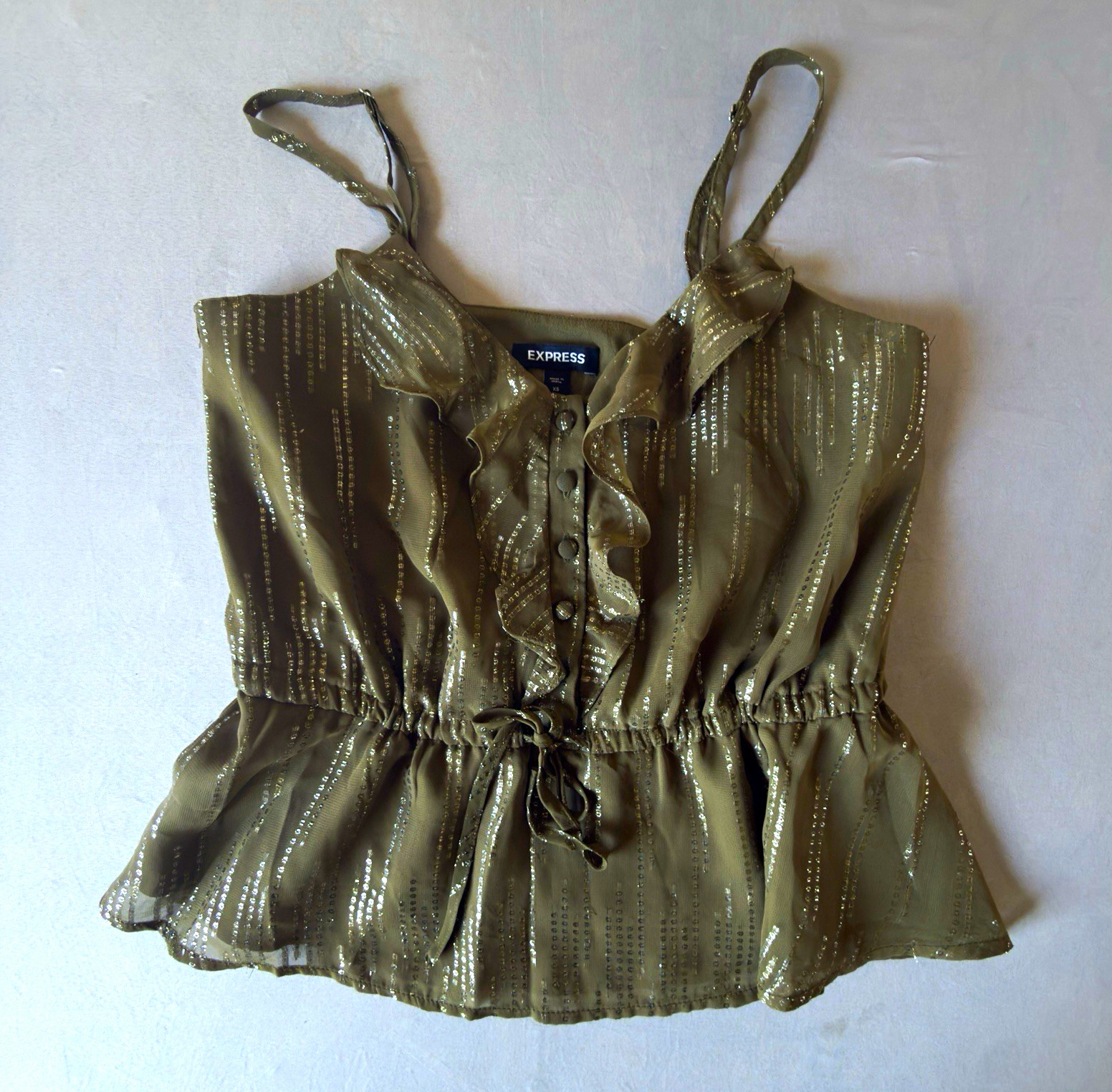 Express Women’s XS Green Spaghetti Strap Striped Ruffle Button Peplum Cami