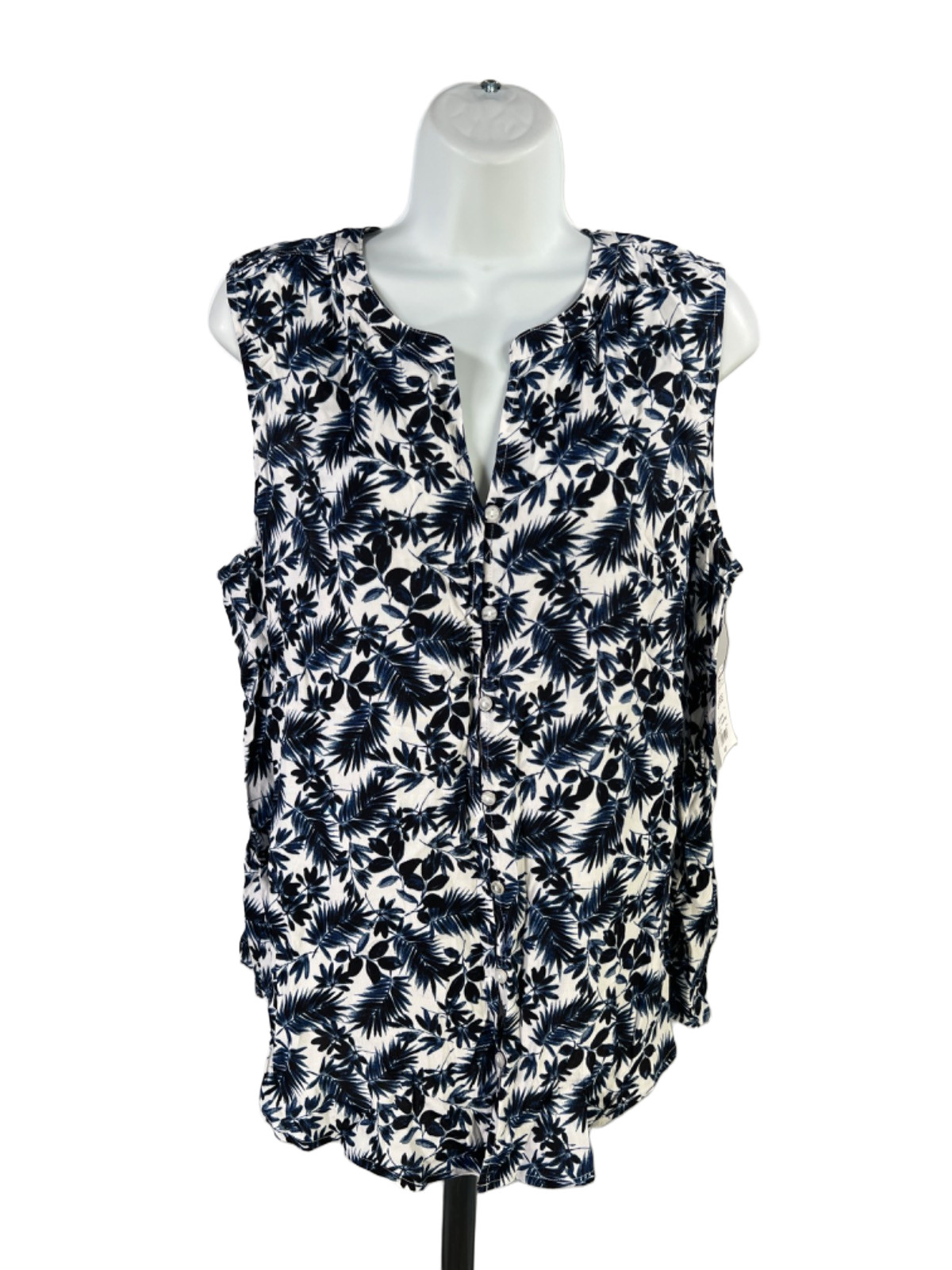 Liz Claiborne Women’s White/Blue Tropical Palm Sleeveless Button Up Blouse – L