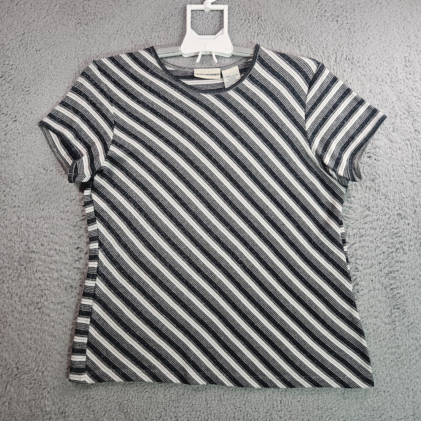 Gloria Vanderbilt Top Women Size 12 / 14 Large Knit Metallic White Black Gray