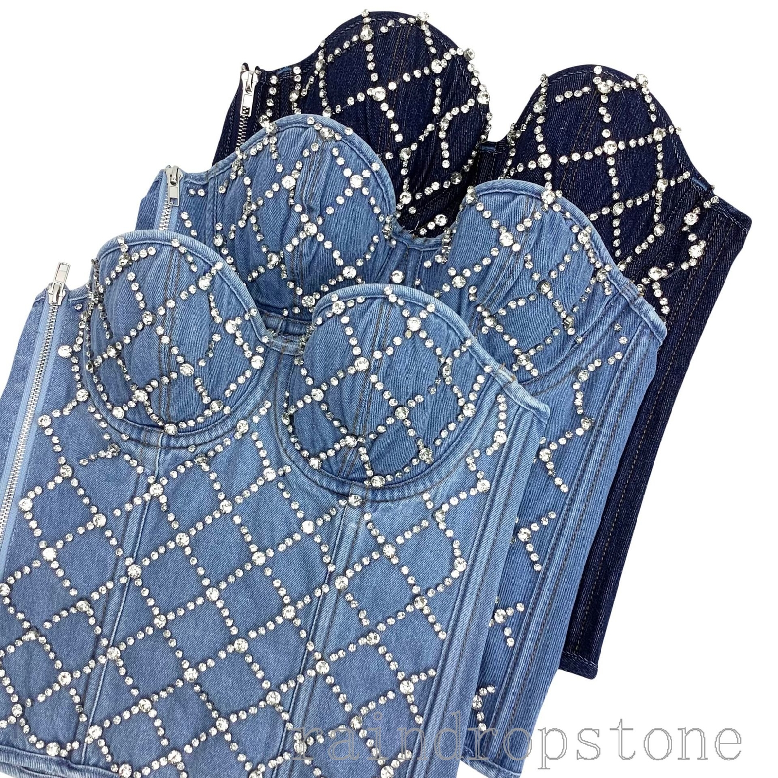 Women Denim Tube Top Rhinestone Beaded Strapless Vest Bustier Bra Party Tank
