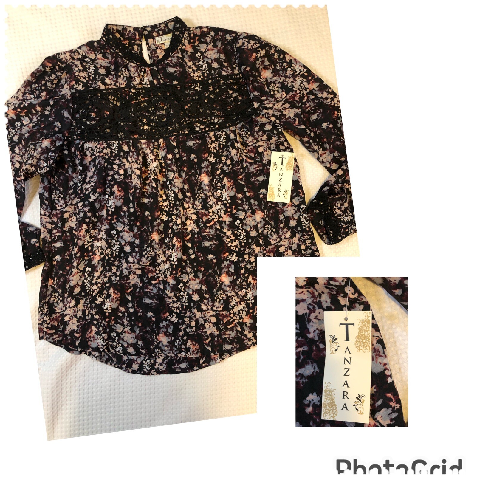 TANZARA – Women’s Large – NEW – Black Pink Floral Lace Panel Blouse – MSRP $43