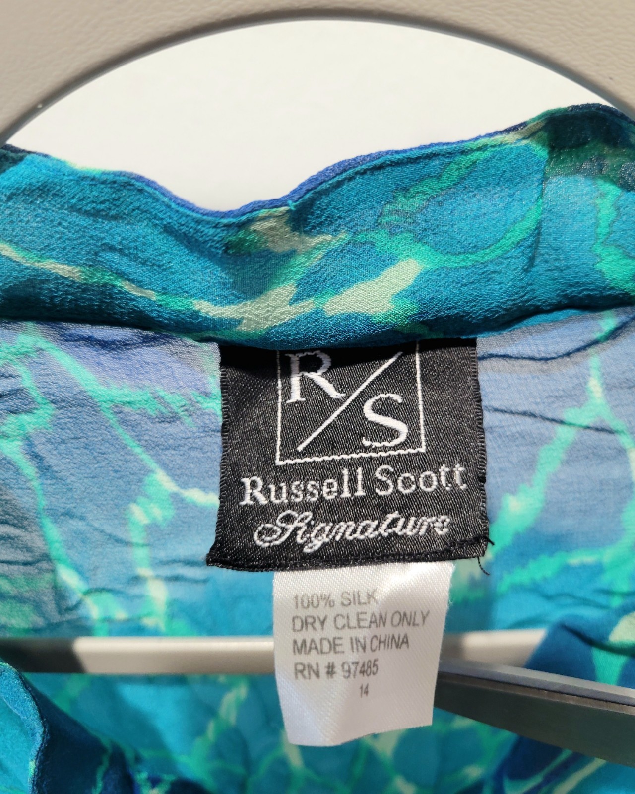 100% SILK Russell Scott Signature Sheer Button Down Blouse Water Print Blue 14