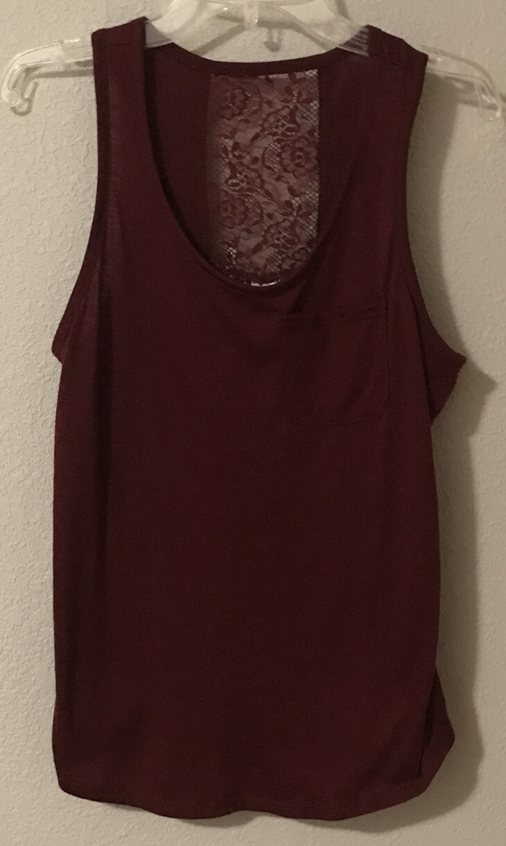 No Boundaries MEDIUM 7-9 Tank Top Lace Back Burgundy Sleeveless Pocket B935