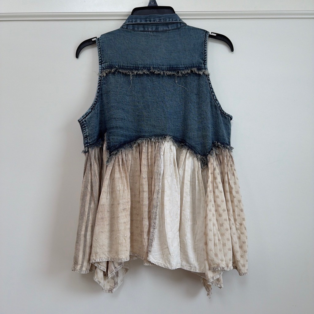 NWT Young Threads Sleeveless Denim Patchwork Button Down Top Womens M Boho