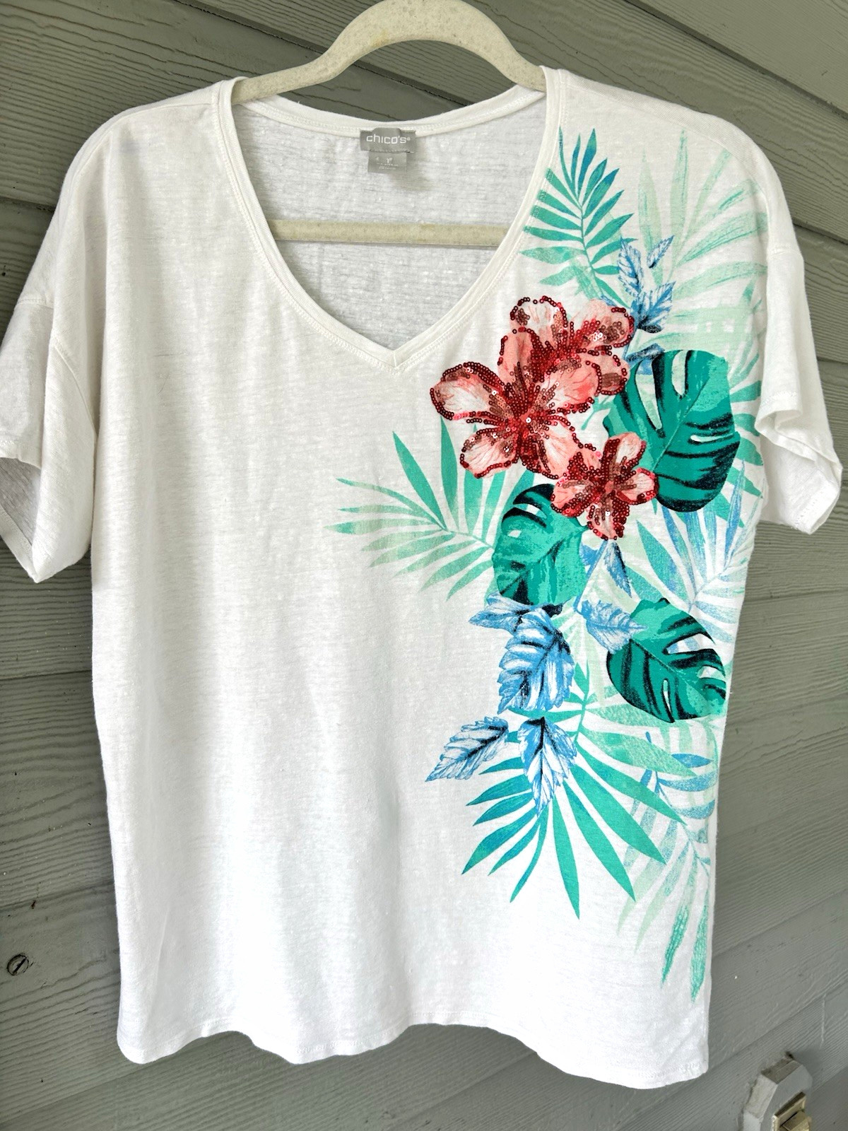 Chico’s M White V-Neck Tropical Floral Sequin Linen Cotton Boho Shirt Pre-Owned
