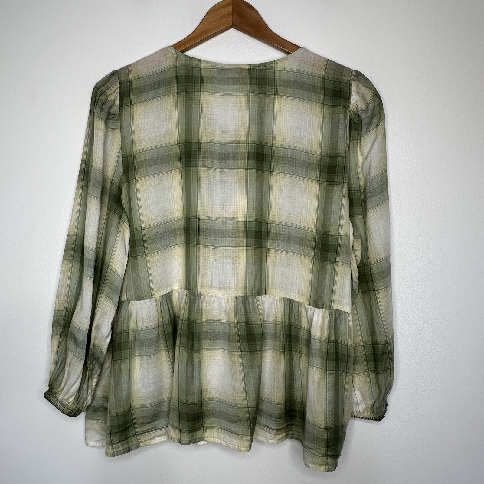 Loft Peasant Plaid Top Womens Size L Green Flowy Bows Preppy Lightweight Lyocell