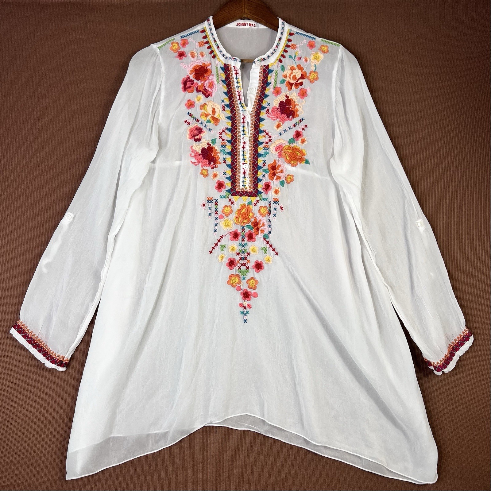 Johnny Was White Embroidered Floral Boho Tunic Top Blouse Shirt Size M