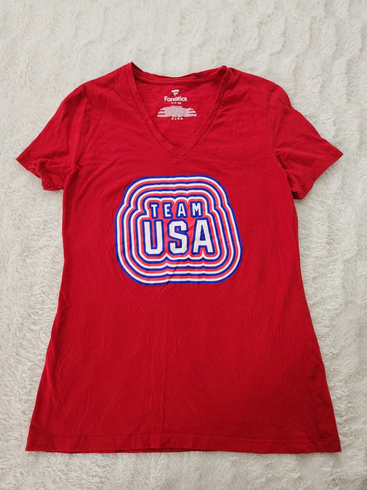 Fanatics Team USA Olympic Red V-Neck T-Shirt Women’s Small S Retro Graphic Tee