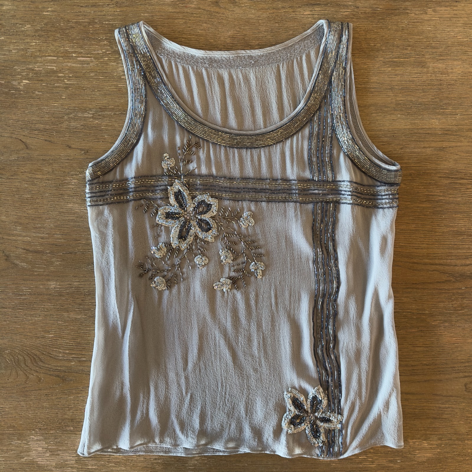 Couture Sleeveless Silk Chiffon Beaded Tank Top-Floral Sequin/Bead Design-Size 4