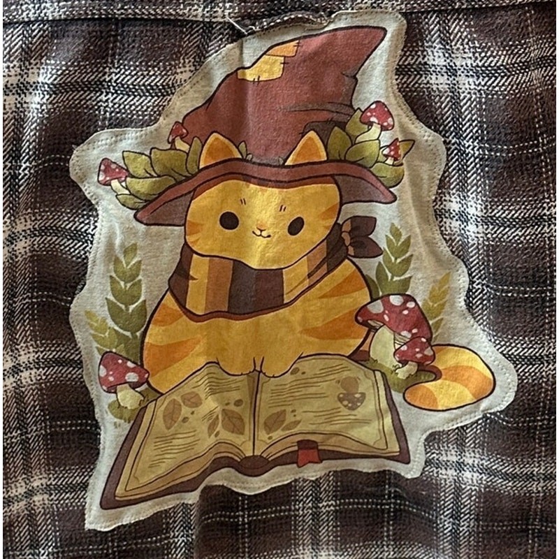 Reading Cat Plaid Flannel Shirt Shacket LARGE Oversize Witch Books Reader Unique