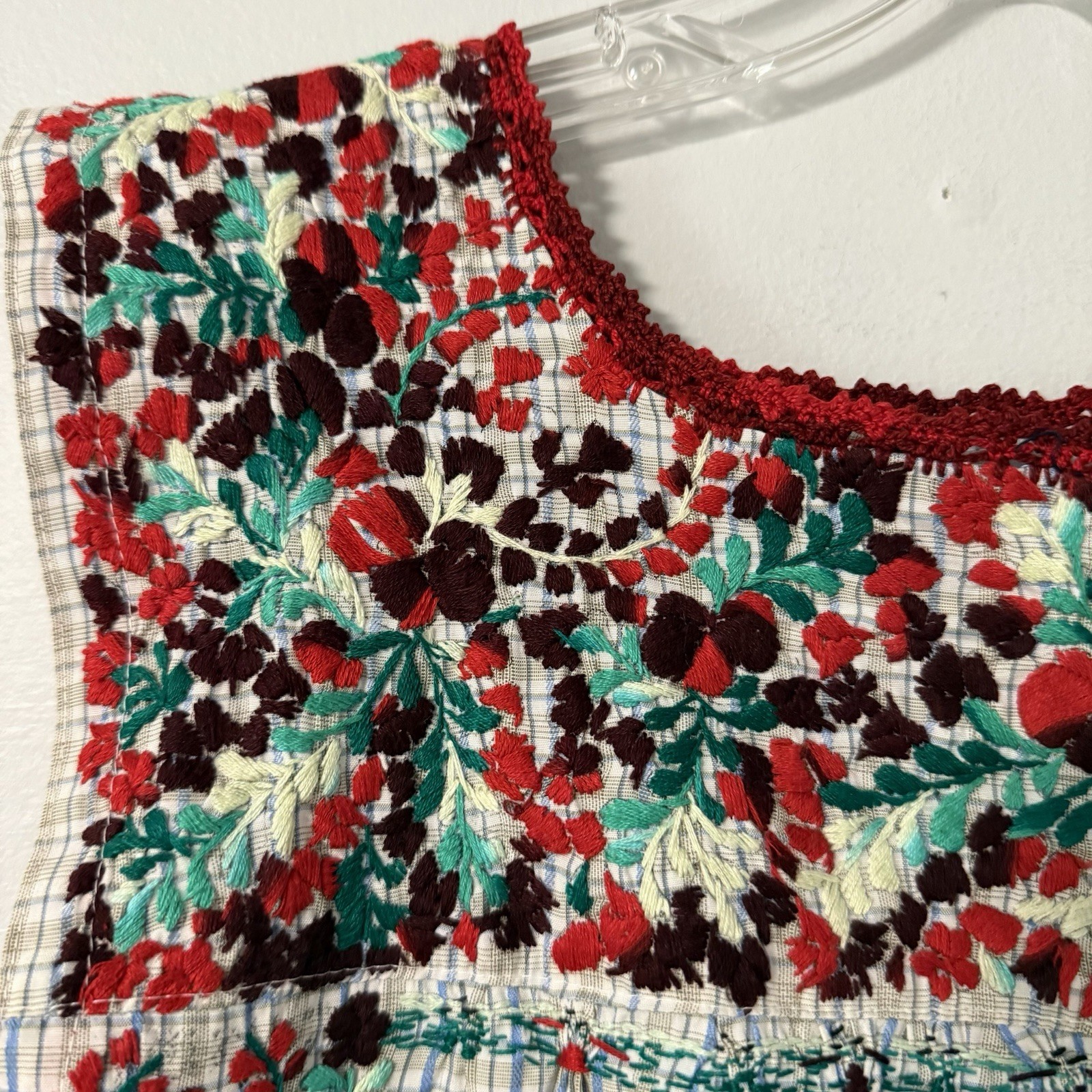 Mi Golondrina Hand Embroidered Tunic Top Blouse Red Green Floral Plaid S Mexico