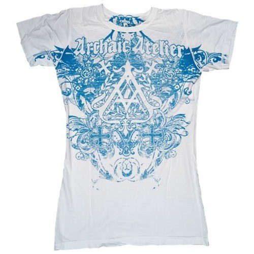 Y2K Archaic Atelier By Affliction White And Blue Womens Slim Fit Large T-Shirt