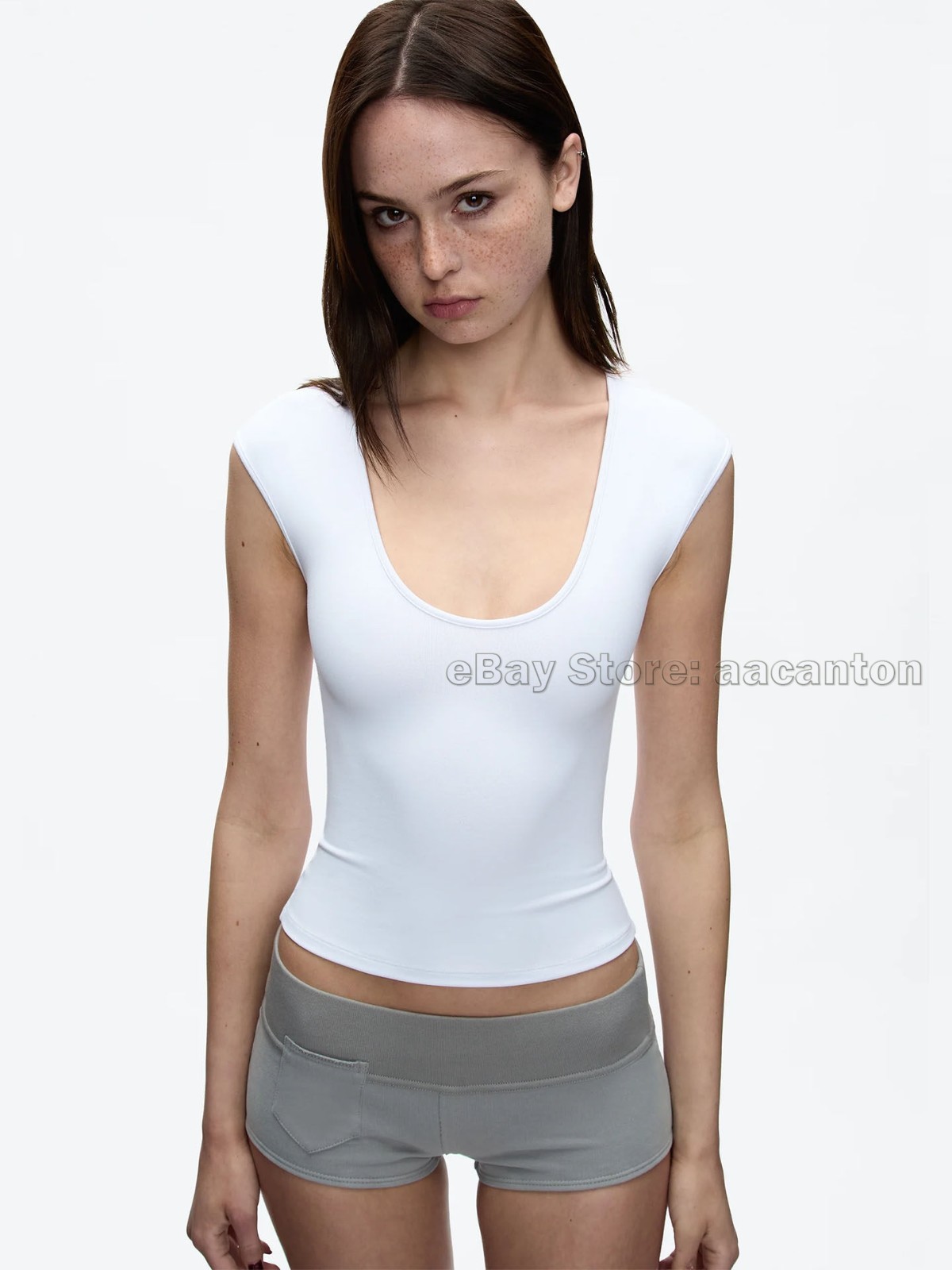 Tank Air Women Large U-neck T-shirts Tight Fit Fixed Dye High Stretch Short Top