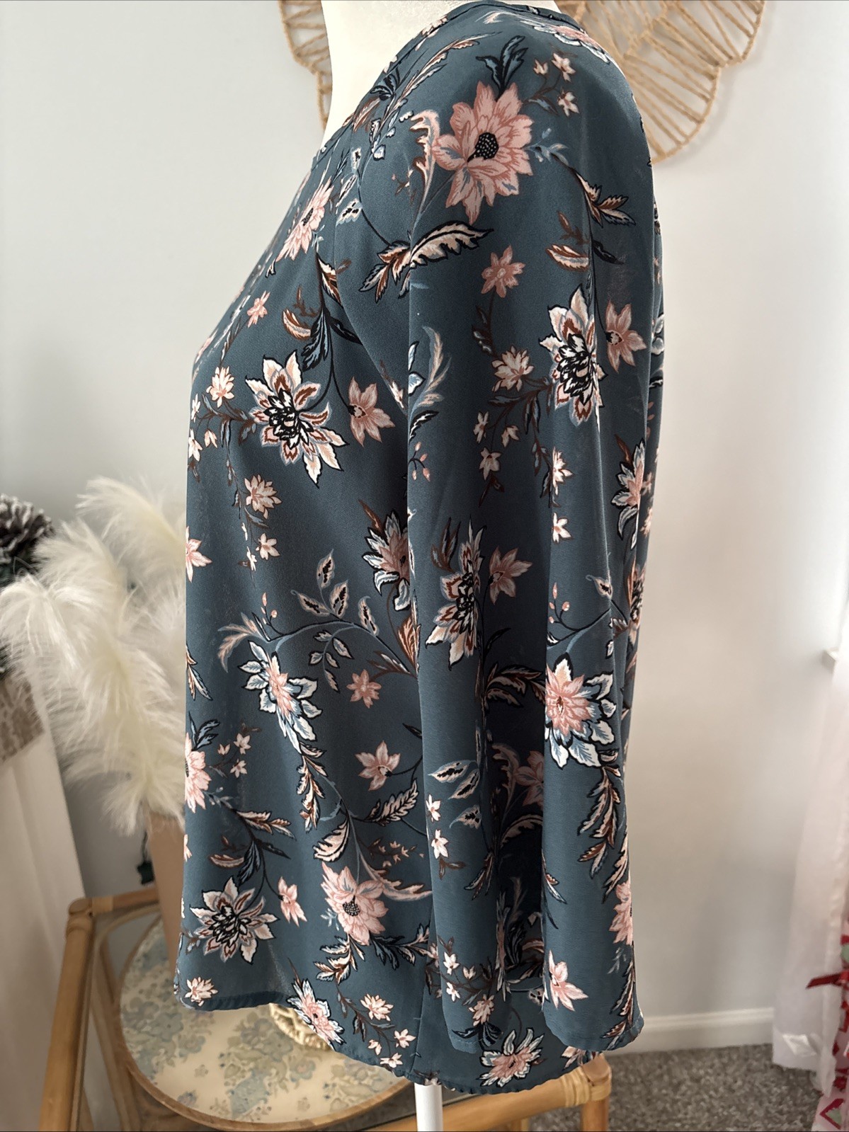 Papermoon Stitch Fix Blouse Top Shirt Dark Turquoise Floral 3/4 Sleeve Small S