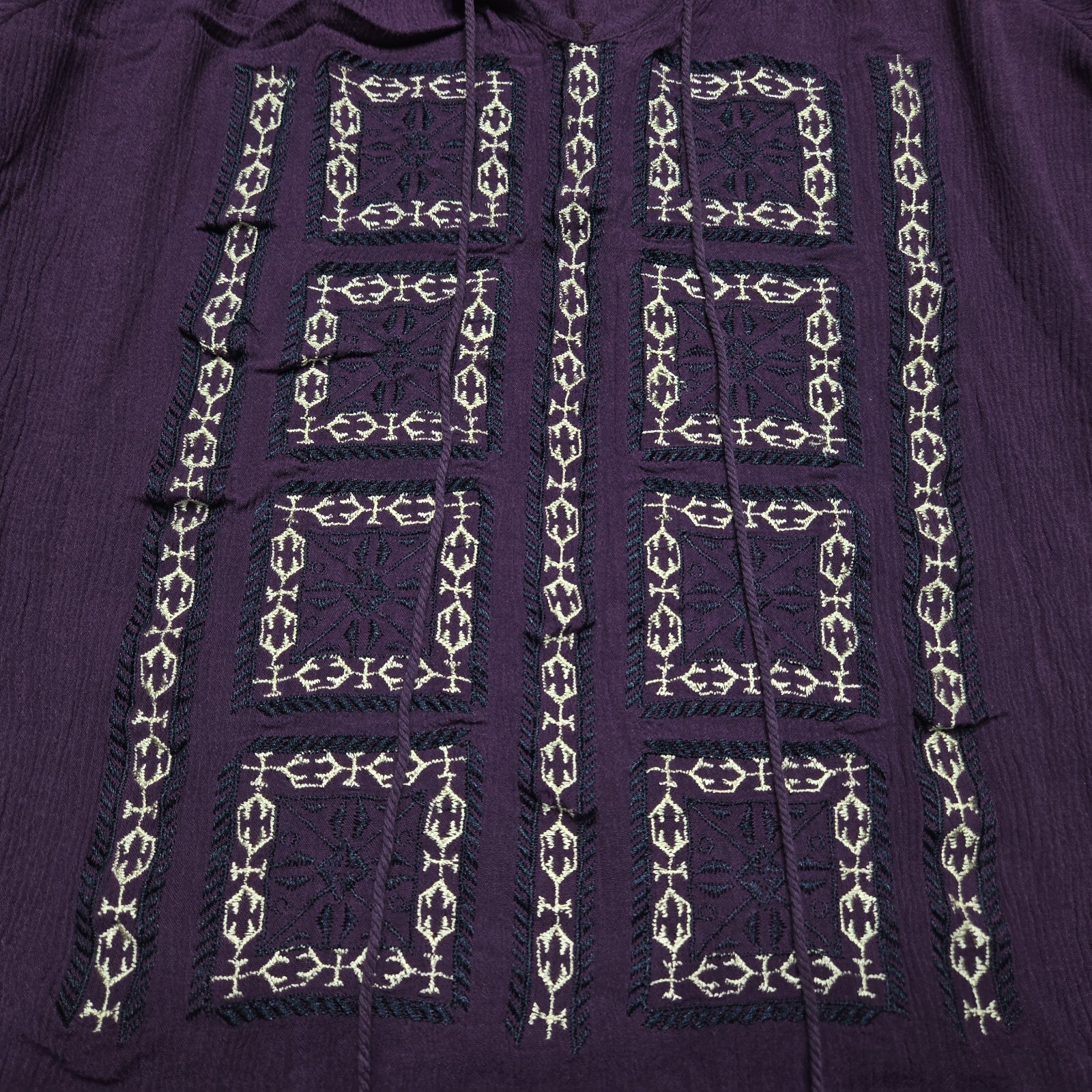 Solitaire Top Womens Large Purple 3/4 Sleeve Boho Blouse Embroidered Tasseled
